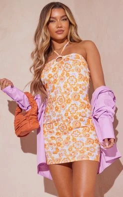 Orange Retro Floral Ring Detail Halterneck Bodycon Dress
