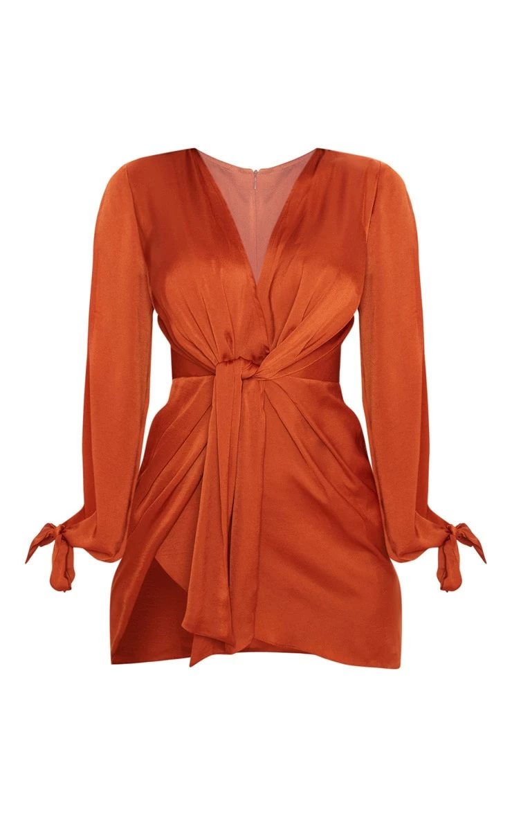 Rust Satin Twist Front Open Sleeve Wrap Dress 5 Rust Satin Twist Front Open Sleeve Wrap Dress - Image 3