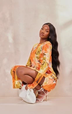 Tall Orange Floral Print Plisse Long Sleeve Split Detail Midi Dress -US Dresses Sales Store 6d6ad61b8afc3e68366bae6aa86965a0b75b4d3e cne4926 3