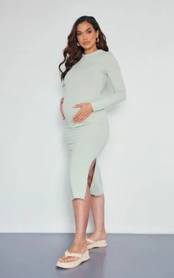 Maternity Sage Green Ribbed Longsleeve Midi Dress -US Dresses Sales Store 6e57a853d6426a3faa0417b3dd990504d07df660 cne2350 3