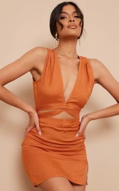 Rust Linen Look Twist Cut Out Sleeveless Bodycon Dress -US Dresses Sales Store 6ed5625f232d31f0969baf17bf8aaa91bd55f068 cmy3088 4