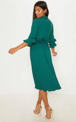 Emerald Green Frill Detail Pleated Midi Dress -US Dresses Sales Store 6fb2461c6170afc07062d4409e78ab534c0dee85 cly5090 2