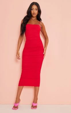Tall Red Mesh Ruched Midi Dress