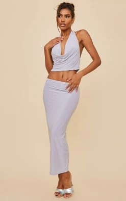 Grey Slinky Cowl Neck Cut Out Midi Dress