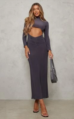 Charcoal Slinky Cut Out Ruched Waist Long Sleeve Maxi Dress