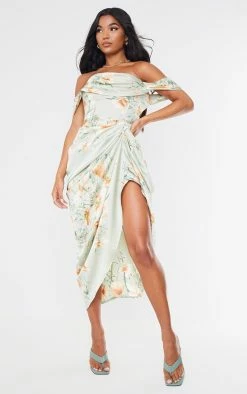 Sage Green Floral Print Satin Draped Bardot Midi Dress -US Dresses Sales Store 7152b3a1f4e5286529f6df3d27028d731fa6fc7d cmq6545 4