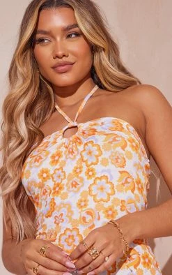 Orange Retro Floral Ring Detail Halterneck Bodycon Dress -US Dresses Sales Store 72c189d6ca0bd375f9c64bfa91d9d9376bb19323 cmy1669 5