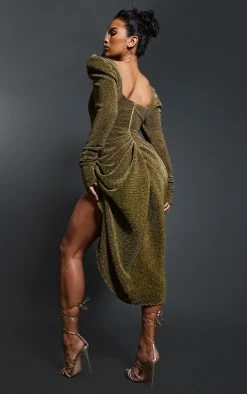 Gold Glitter Plisse Puff Split Sleeve Draped Midi Dress -US Dresses Sales Store 7394d66e9b755d576ebc46c611ccf2878f53f470 cnb7988 2