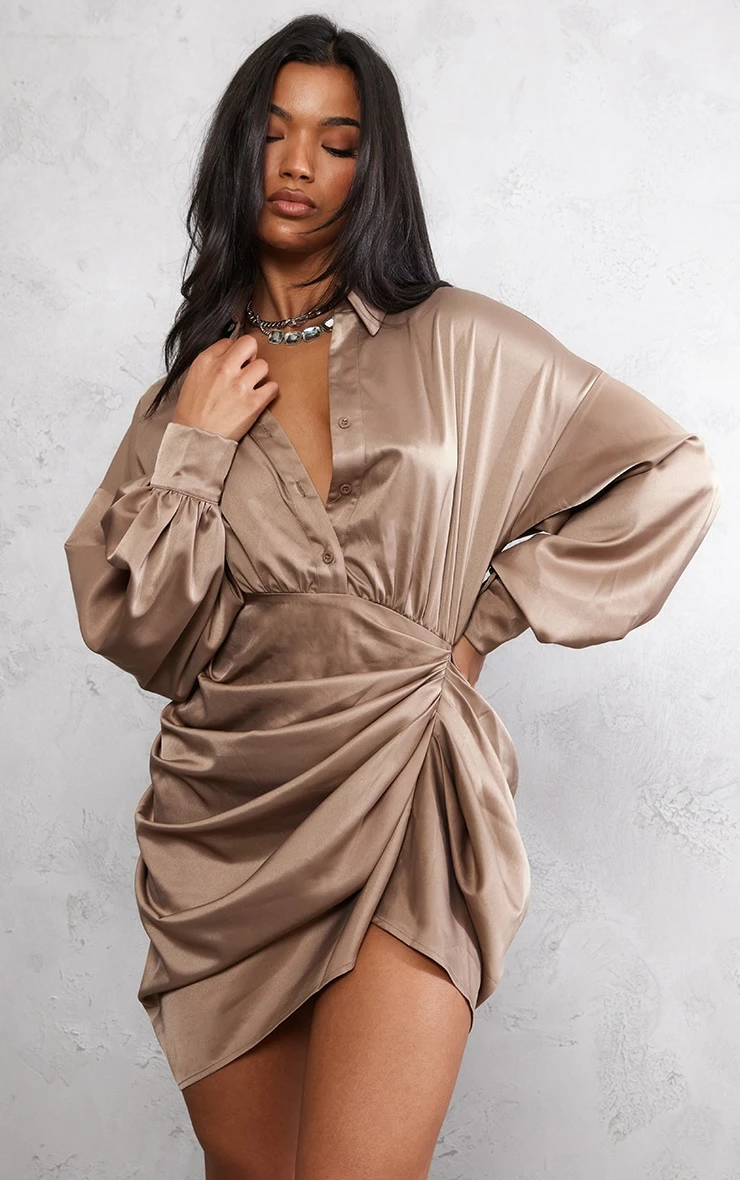 Taupe Satin Drape Skirt Oversized Sleeve Shirt Dress 3 Taupe Satin Drape Skirt Oversized Sleeve Shirt Dress