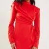 Red Textured Satin High Neck Drape Bodycon Dress