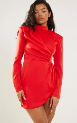 Red Textured Satin High Neck Drape Bodycon Dress