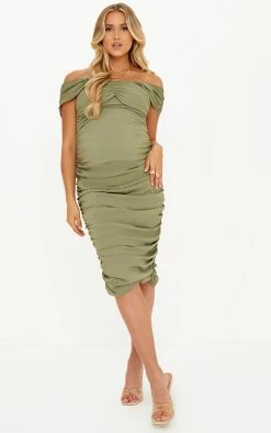 Maternity Green Bardot Ruched Midi Dress -US Dresses Sales Store 74244434fa78ac994f4acbbb36377692457894d6 cmu2828 5