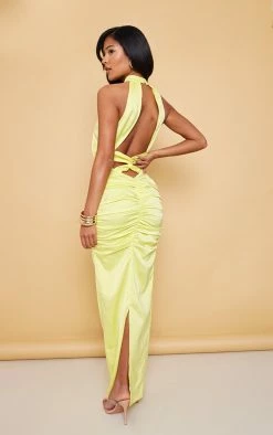 Tall Yellow Satin Plunge Ruched Maxi Dress