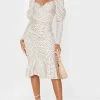 Nude Polka Dot Puff Sleeve Ruched Detail Frill Hem Midi Dress -US Dresses Sales Store 7511e604ac9f814d731c78efb05a70eace835766 cmn7010 1