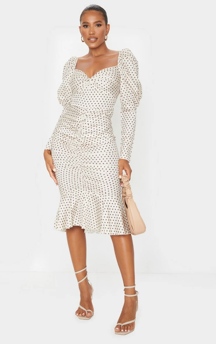 Nude Polka Dot Puff Sleeve Ruched Detail Frill Hem Midi Dress 3 Nude Polka Dot Puff Sleeve Ruched Detail Frill Hem Midi Dress