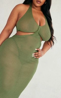 Plus Khaki Sheer Knit Cross Halter Neck Midi Dress -US Dresses Sales Store 753ac96b9b6b090826912c80d792a7506648eccf cnc7957 4