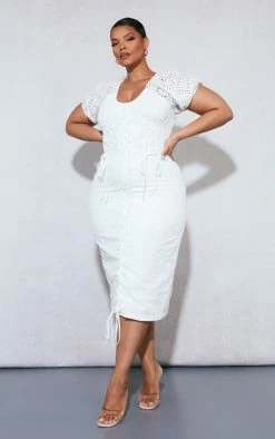 Plus White Broderie Anglaise Lace Up Midi Dress