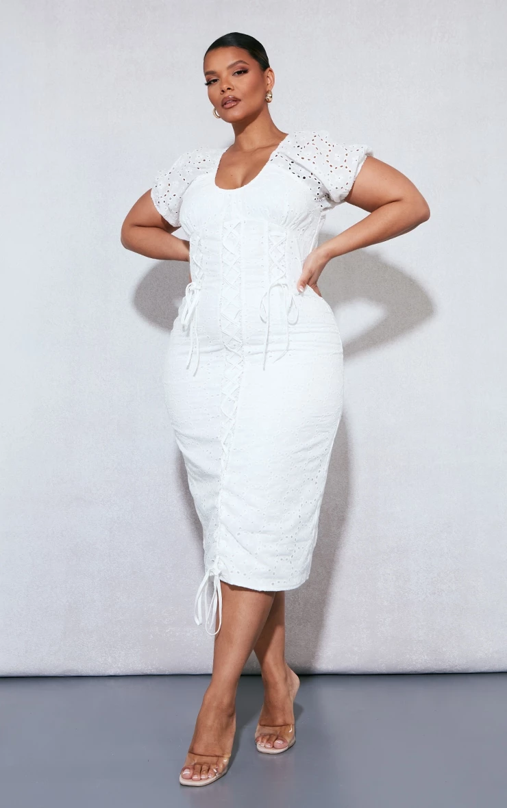 Plus White Broderie Anglaise Lace Up Midi Dress 3 Plus White Broderie Anglaise Lace Up Midi Dress