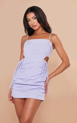 Lilac Woven Cut Out Side Ruched Bodycon Dress