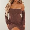 Shape Chocolate Brown Cable Knit Bardot Cut Out Bodycon Dress