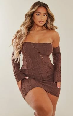 Shape Chocolate Brown Cable Knit Bardot Cut Out Bodycon Dress
