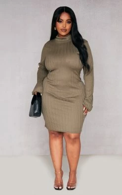 Plus Khaki Rib High Neck Bodycon Dress -US Dresses Sales Store 77058d90176aa73798e61b568065e72fc5a397a5 cnd4821 3
