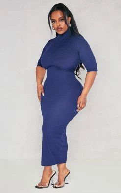 Plus Navy Rib High Neck Half Sleeve Midaxi Dress -US Dresses Sales Store 78019e45d438eea7c01385b6dc6e840406ce7da4 cnd3029 3