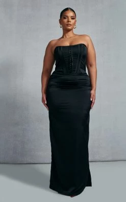 Plus Black Satin Corset Bandeau Maxi Dress