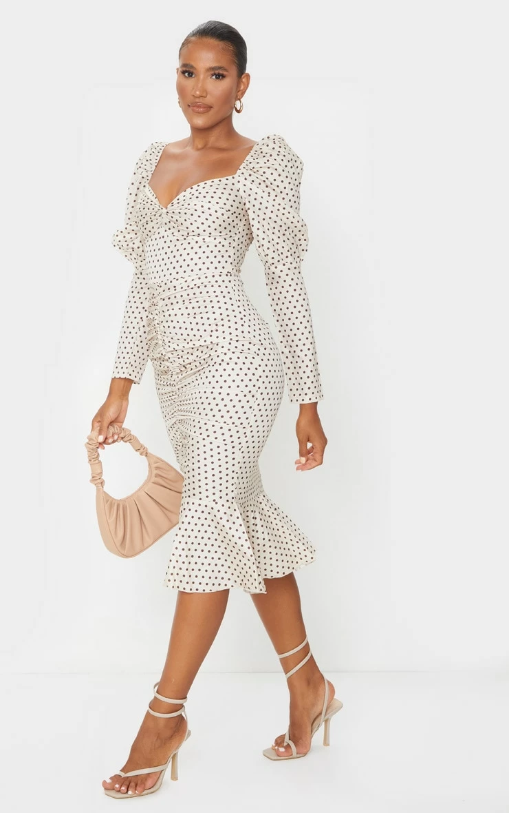 Nude Polka Dot Puff Sleeve Ruched Detail Frill Hem Midi Dress 5 Nude Polka Dot Puff Sleeve Ruched Detail Frill Hem Midi Dress - Image 3