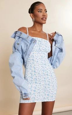 Blue Ditsy Floral Print Strappy Bodycon Dress