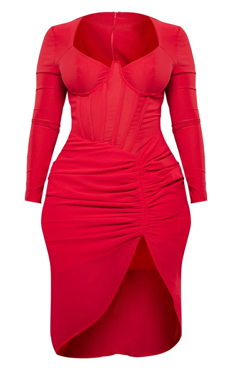 Shape Red Corset Detail Long Sleeve Ruched Midi Dress 7 Shape Red Corset Detail Long Sleeve Ruched Midi Dress - Image 5