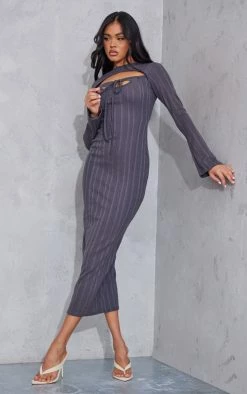 Charcoal Wide Rib Cut Out Tie Back Maxi Dress