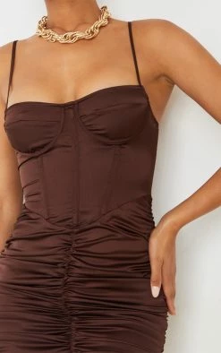 Chocolate Satin Strappy Corset Detail Ruched Skirt Bodycon Dress -US Dresses Sales Store 7cd511750490b57af2315455e8bda4bbba396372 cmt0369 5