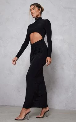 Black Slinky Cut Out Ruched Waist Long Sleeve Maxi Dress -US Dresses Sales Store 7e5d88e68174f7a2986753e61062051504490aee cnd0416 3