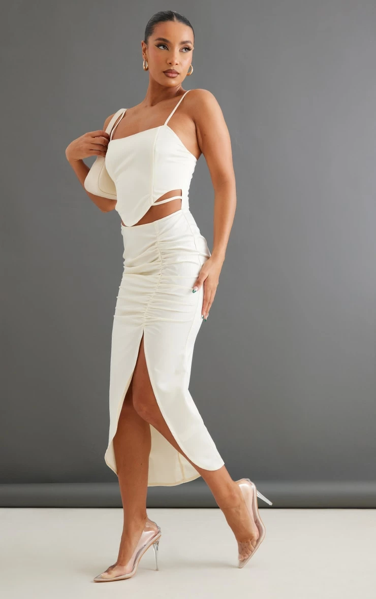 Cream Satin Corset Ruched Skirt Strappy Midaxi Dress 5 Cream Satin Corset Ruched Skirt Strappy Midaxi Dress - Image 3