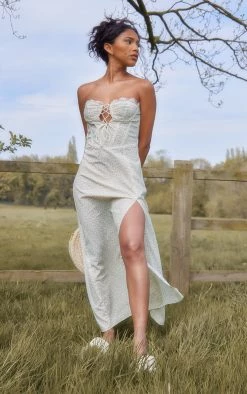 Yellow Floral Lace Trim Corset Split Midi Dress