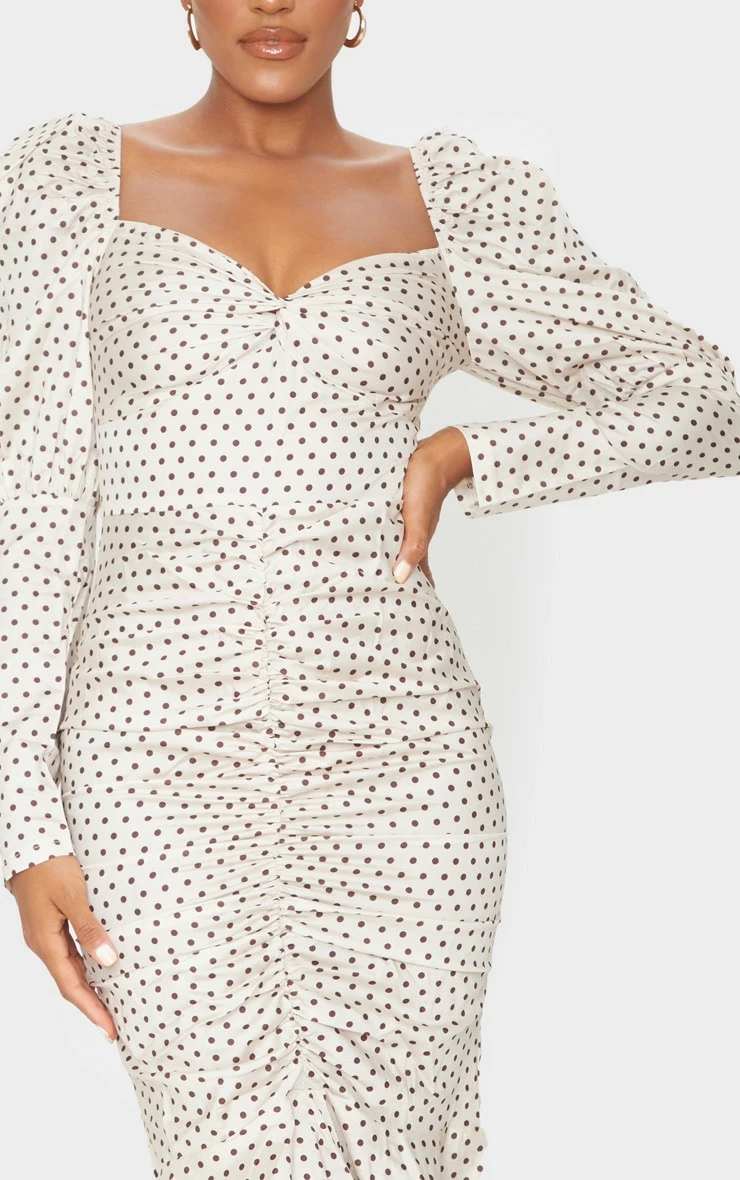 Nude Polka Dot Puff Sleeve Ruched Detail Frill Hem Midi Dress 6 Nude Polka Dot Puff Sleeve Ruched Detail Frill Hem Midi Dress - Image 4