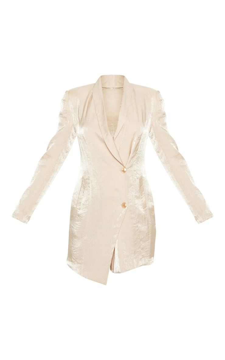 Champagne Pleated Shimmer Gold Button Blazer Dress 5 Champagne Pleated Shimmer Gold Button Blazer Dress - Image 3