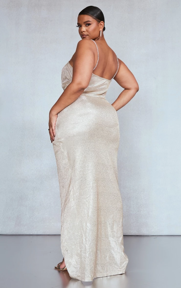Plus Gold Diamante Strap V Bar Glitter Midaxi Dress 4 Plus Gold Diamante Strap V Bar Glitter Midaxi Dress - Image 2