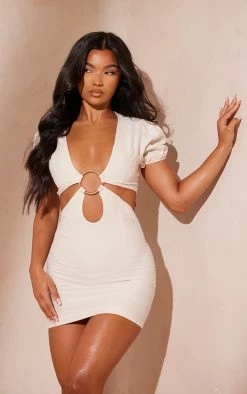 Stone Linen Ring Detail Cut Out Bodycon Dress