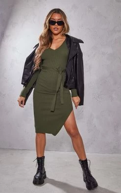Khaki V Neck Belted Long Sleeve Split Midi Dress