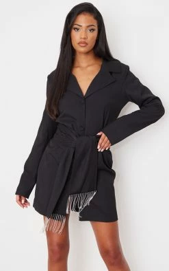 Tall Black Tie Waist Detail Blazer Dress