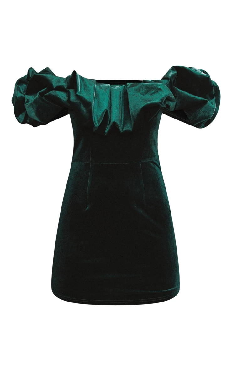 Emerald Green Velvet Bardot Ruffle Bodycon Dress 7 Emerald Green Velvet Bardot Ruffle Bodycon Dress - Image 5