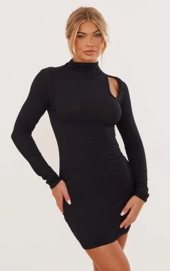 Black Rib Cut Out Long Sleeve Bodycon Dress
