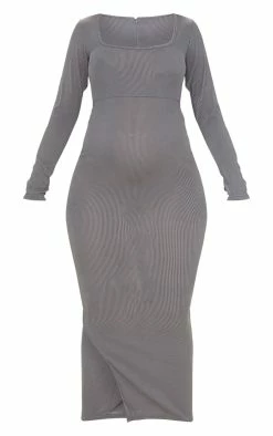 Maternity Slate Ribbed Long Sleeve Side Split Maxi Dress -US Dresses Sales Store 892243dbf8951124776a39857d6e27661ad2ce90 cmp4022 6