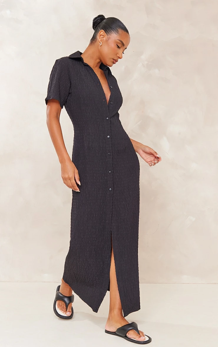 Black Crinkle Textured Button Maxi Shirt Dress 5 Black Crinkle Textured Button Maxi Shirt Dress - Image 3