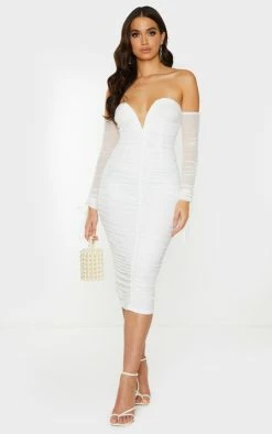 White Mesh V Bar Ruched Detail Bardot Midi Dress