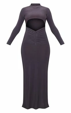 Charcoal Slinky Cut Out Ruched Waist Long Sleeve Maxi Dress -US Dresses Sales Store 8bf918543b289b9c201f07d1292a2445cff51303 cnd0413 5