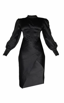 Black Satin Puff Sleeve Corset Detail Draped Midi Dress -US Dresses Sales Store 8c4d3aef5feb0324e20037b751d63f6fff390dbb cmu4225 6