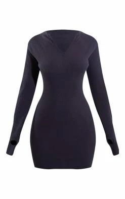 Petite Charcoal Ribbed Long Sleeve Thumbhole Mini Dress -US Dresses Sales Store 8e33d52de7c093360e12e9989b29740503322b92 cnd0272 5